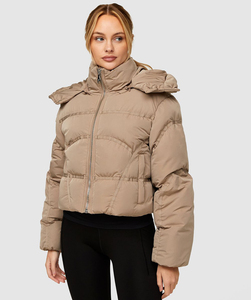 Custom Design Women's <b>Crop</b> <b>Puffer</b> <b>Jacket</b> Khaki Full Zip Hooded Detachable Bubble <b>Jacket</b> Breathable Winter Down <b>Jacket</b> For Women - Product Image 1