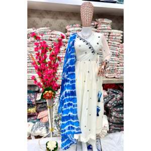 Magnifique robe Anarkali et pantalon avec dupatta pour les fêtes, tissu en mousseline respirant, manches trois-quarts, élégant - Product Image 1