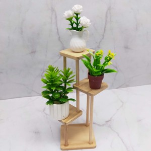Miniature Dollhouse Accessories Wooden Plant <b>Stand</b> 3 Tier Flower Pot Display Rack <b>Corner</b> Storage Holder with 3 plants for age 14 - Product Image 1