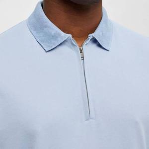 Polo à manches courtes bleu clair pour homme, couleur unie, design décontracté avec fermeture éclair, coupe classique, tricot en coton respirant - Product Image 5