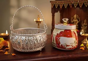 Oriental Metal Food <b>Storage</b> <b>Jar</b> With Airtight Lid Handcrafted Round Design <b>For</b> <b>Kitchen</b> Use - Product Image 4