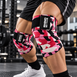 Rodilleras Deportivas RHINO FITNESS, Color Rosa Camuflaje, Nailon Transpirable, Unisex, Ajustables con Cierre de Gancho y Bucle, Soporte para Piernas - Product Image 1