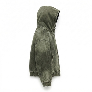 Sweat-shirt à capuche zippé surdimensionné en molleton de coton délavé vert olive, effet usé, vente en gros - Product Image 4