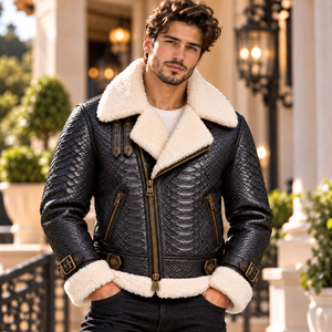 <b>Men</b>’s Beige Snake Embossed <b>Shearling</b> Leather <b>Jacket</b> Ανδρικό Δερμάτινο Μπουφάν Custom OEM Wholesale Supplier - Product Image 6