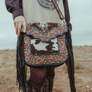 Western Tooled Leather Cowhide Crossbody <b>Bag</b> with Fringe – Vintage <b>Boho</b> Shoulder Messenger <b>Bag</b> for Women - Product Image 1