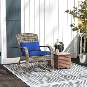 Sedia a dondolo da esterno in vimini con schienale alto e cuscino blu scuro per portico e balcone - Product Image 2
