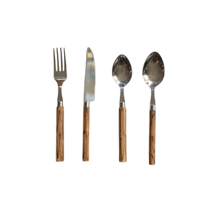 Juego de cubiertos modernos de acero inoxidable con mango de bambú natural, pulido a espejo, para uso doméstico y suministros para hoteles y restaurantes. - Product Image 1