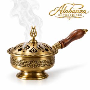 ALABANZA ENTERPRISES Brûleur d'encens Bakhoor de luxe en cuivre et laiton avec poignée en bois, aromatique indien, écologique, pour la maison, l'hôtel, le Ramadan - Product Image 1