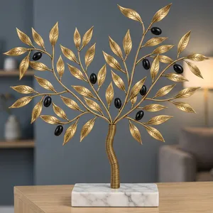 Escultura Decorativa de Olivo en Metal con Frutos Negros y Acabado Dorado Texturizado, Elegante Arte Botánico de Mesa sobre Mármol - Product Image 5