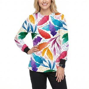 Blouse de travail médicale élégante à manches longues avec fermeture à boutons-pression, motif floral imprimé personnalisé OEM, vente en gros de blouses médicales en vrac - Product Image 1