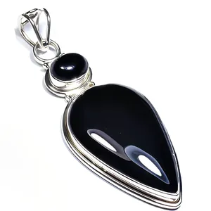 Colgante de Plata de Ley 925 con Ónix Negro, Hecho a Mano, con Piedra Preciosa Natural en Forma de Gota de Agua, Engaste en Bisel, Diseño Bohemio para Mujer - Product Image 1