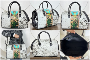 Bolso de Viaje Grande de Cuero Repujado a Mano Estilo Occidental, Bolso de Mano Cruzado de Cuero Vacuno con Pelo para Mujer, Hecho a Mano de Alta Calidad - Product Image 3