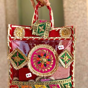 Traditional Indian Gota Patti Wedding Hamper <b>Bag</b>, Handmade Decorative Guest Room Welcome Gift Packaging <b>Bag</b> - Product Image 5