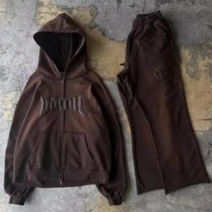 Ensemble de survêtements unisexe à capuche zippé et pantalon évasé, coupe ample, 100 % coton, style Y2K, avec logo personnalisé OEM, effet délavé à l'acide, pour l'hiver - Product Image 3