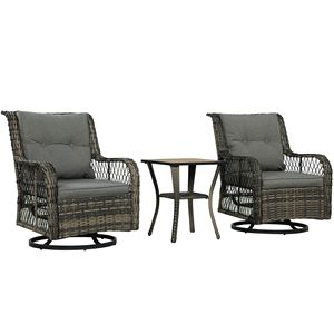 Set Bistrot da Esterno 3 Pezzi in Vimini, Piccolo Arredamento da Giardino con Sedie Girevoli a Dondolo Grigie per Balcone, Portico, Ospedali - MOQ 1 Set - Product Image 1