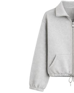 Sudadera corta de forro polar gris claro con cremallera completa para mujer, cuello polo, bolsillos delanteros, dobladillo con cordón ajustable, estilo casual y cálido para la calle - Product Image 2