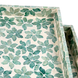 ชุดถาด MDF รูปทรงสี่เหลี่ยมผืนผ้า ลายใบไม้สีเขียวสไตล์วินเทจ งานฝีมือประดับเปลือกหอย ดีไซน์หรูหราสำหรับตกแต่งบ้าน - Product Image 4