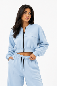 Wholesale Ladies Powder Blue <b>Two</b> <b>Piece</b> <b>Lounge</b> <b>Set</b> with Crop Zip Sweat Jacket Elastic Waist Wide Trousers Private Label Apparel - Product Image 3