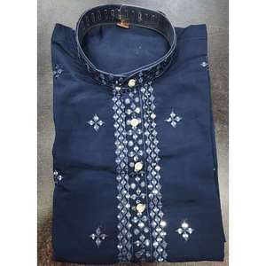 LOOK RICHE SOIE BRODERIE SEQUENCE TRAVAIL HOMME KURTA PYJAMA BLEU MARINE - Product Image 2