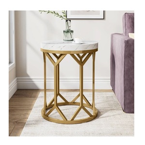 <b>Round</b> White Faux Marble <b>Side</b> <b>Table</b> with <b>Gold</b> Geometric Frame Thick Circular End <b>Table</b> Glam Modern Coffee Accent <b>Table</b> and Night - Product Image 3
