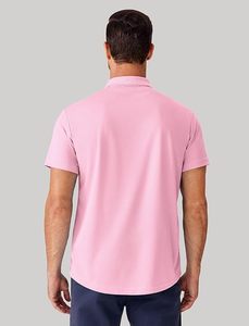 Men's <b>Pink</b> Short Sleeve Pique Polo Shirt Regular Fit Solid Color Button Front Casual Knitted Cotton Top - Product Image 2