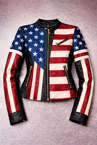 Veste de moto en cuir imprimée drapeau américain EL pour femmes et hommes, coupe ajustée, fermeture éclair, col montant, style motard - Product Image 2