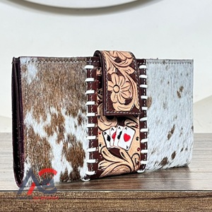 New Fashionable Hair on Cowhide <b>Tooled</b> Floral <b>Leather</b> Women's Clutches Multiple Card Slots Rfid Genuine <b>Leather</b> Travel Wallet - Product Image 1