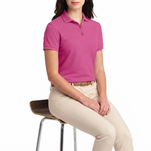 Polo de Manga Corta Rosa para Mujer, Color Sólido, Algodón Piqué, Estilo Casual con Botones, Corte Regular - Product Image 3