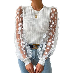 Blusa de punto acanalado de manga larga con apliques florales 3D elegante para mujer, top casual ajustado con cuello redondo, capa transparente de verano - Product Image 1