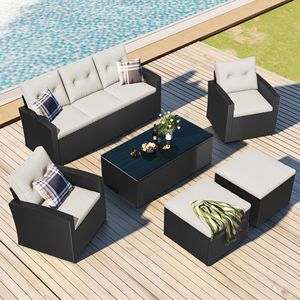 Set da 6 Pezzi in Rattan PE Intrecciato per Esterni, Resistente alle Intemperie, con Tavolino da Caffè, Divani e Pouf in Vimini - Product Image 4