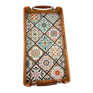 Plateau de service rectangulaire en bois de Sheesham marocain sculpté à la main avec incrustation de nacre, décoration décorative pour cuisine et table à manger - Product Image 6