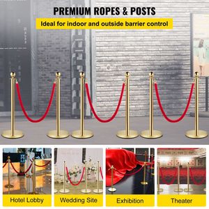Poteaux de barrière en acier inoxydable doré avec cordes en velours rouges de 1,5 m (5 pi) et embouts sphériques rouges, pour le contrôle des foules et les supports de bannières - Product Image 1
