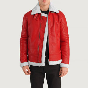 Blouson aviateur en cuir véritable rouge pour homme avec doublure en fausse fourrure, fermeture éclair, coupe ajustée, style motard d'hiver - Product Image 4