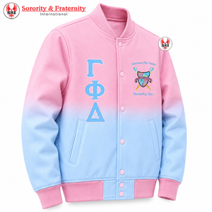 Chaqueta universitaria de satén ombré para mujer Gamma Phi Delta con letras griegas bordadas, botones a presión y cuello y puños de punto acanalado, estilo Letterman - Product Image 4