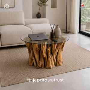 Table basse ronde en racine de teck massif artisanale avec plateau en verre trempé, style rustique, pour salon, hôtel, villa, resort - Product Image 1