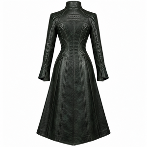 Forest Dark Green Leather Trench <b>Coat</b> Metal Clasp Stand Collar Long Duster Outerwear <b>Womens</b> Custom Factory Provider - Product Image 2