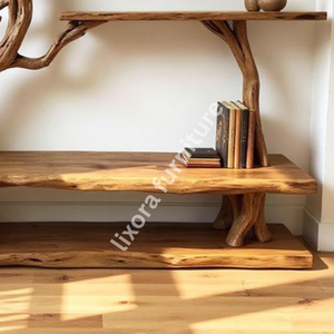ชั้นวางหนังสือไม้เนื้อแข็งสไตล์รัสติกแบบธรรมชาติ ทำด้วยมือจากกิ่งไม้ธรรมชาติพร้อมขอบไม้ธรรมชาติ - Product Image 3