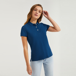 Polo pour femme en tissu piqué 100% coton, manches courtes, couleur unie, longueur normale, bleu marine - Product Image 4