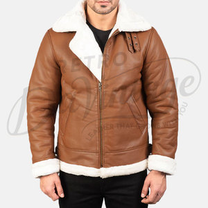 Veste bomber en cuir véritable pour homme, couleur marron clair, doublure en fausse fourrure blanche, veste d'aviateur d'hiver, manteau en cuir de qualité supérieure - Product Image 3