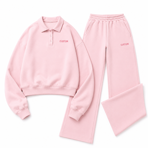 Conjunto de Sudadera y Pantalones Anchos de Pierna Recta con Cuello Polo Rosa Personalizado, Ajuste Relajado, Estilo Lounge, Fabricación OEM de Ropa de Manga Larga Personalizada - Product Image 3