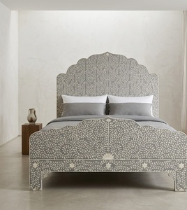 Moroccan Inlay Wooden Bed Frame Carved Panel Bedstead Scalloped Headboard and Footboard Bedroom Furniture - Product Image 1