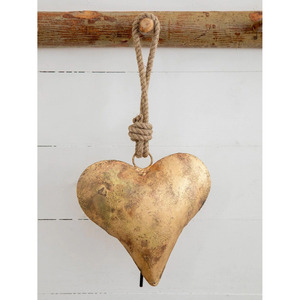 Rustic Metal <b>Heart</b> Christmas Bells With Jute Hanging Rope Antique Gold Weathered Iron <b>Heart</b> <b>Ornament</b> For Holiday Tree Farmhouse - Product Image 1