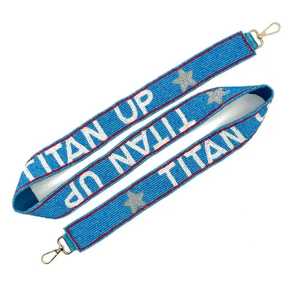 Sangle de sac à main style guitare, personnalisée, faite à la main, brodée de perles de rocaille, avec slogan 'Go Big Blue' et lettrage bleu clair, en gros - Product Image 5