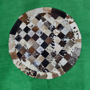 Round Patchwork <b>Leather</b> Area Rug Handmade Hair on Hide Geometric Medallion Carpet for Living Rooms Floor and Office Decorations - Product Image 5