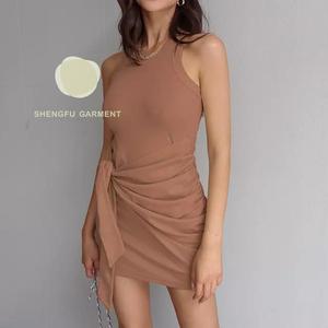 SHENGFU yan kravat kanat ile bir omuz dantelli Mini elbise, asimetrik Wrap Bodycon kolsuz kokteyl parti - Product Image 1