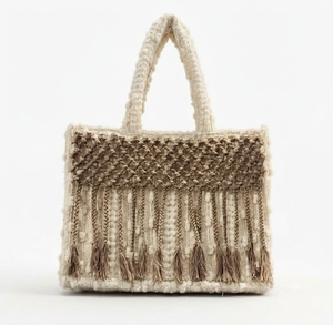 Handmade Knotted Tote <b>Bag</b> with Brown <b>Fringe</b> Tassels, Bohemian Woven Cotton Handbag for Women, Casual Beach Shopper <b>Bag</b> - Product Image 1