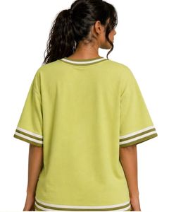 Customized Lime Green Floral Embroidered Oversized T Shirt Women Contrast Stripe Crew Neck Casual Loose Fit Cotton Summer <b>Top</b> - Product Image 3