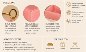 <b>Pink</b> Glass Keepsake Storage Box with Gold Tone Key Handle Glossy Finish Decorative Jewelry and Vanity Organizer - Product Image 4