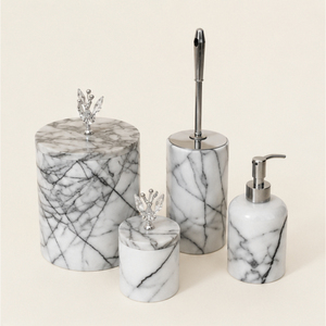 Ensemble d'accessoires de salle de bain 4 pièces en marbre blanc, distributeur de savon moderne et pots de toilette pour hôtels et décoration intérieure – Approvisionnement direct usine - Product Image 1