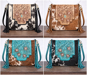 Western Designer Hand Tooled Carving Leather Fringe Handbag Cowhide Fur Gypsy <b>Boho</b> Vintage Handmade Shoulder <b>Bag</b> Stylish <b>Bags</b> - Product Image 5
